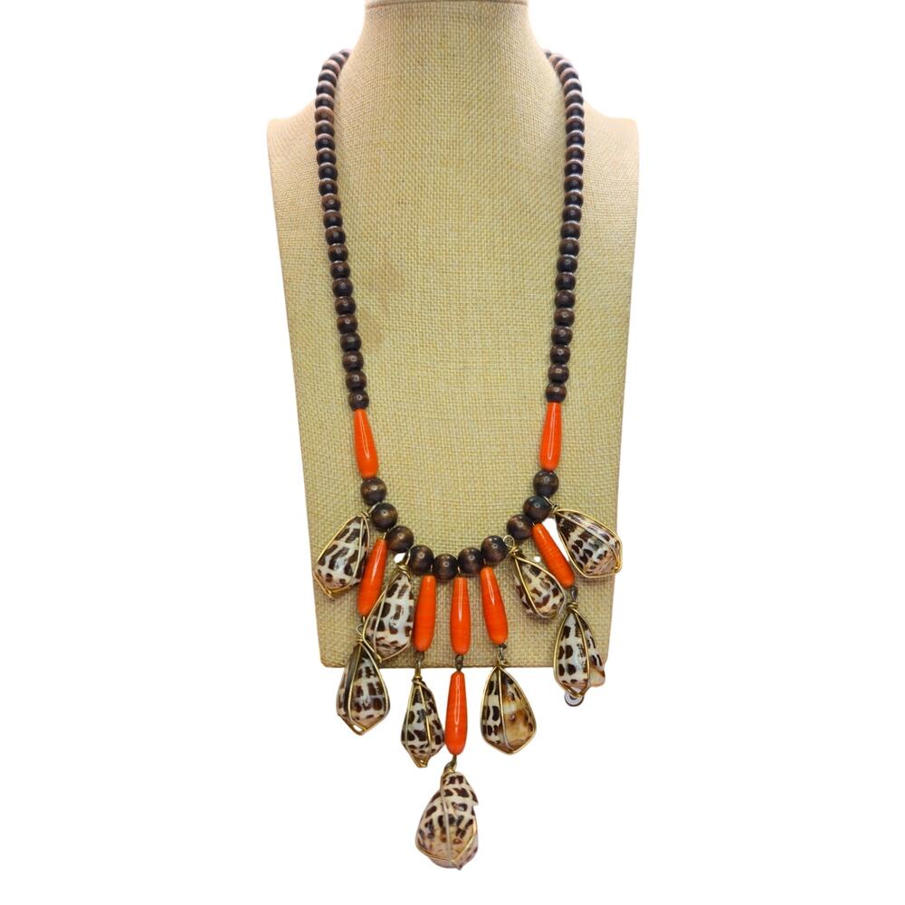 Vintage Chunky Beaded Statement Necklace Tiger Cone Shell Fringe Boho